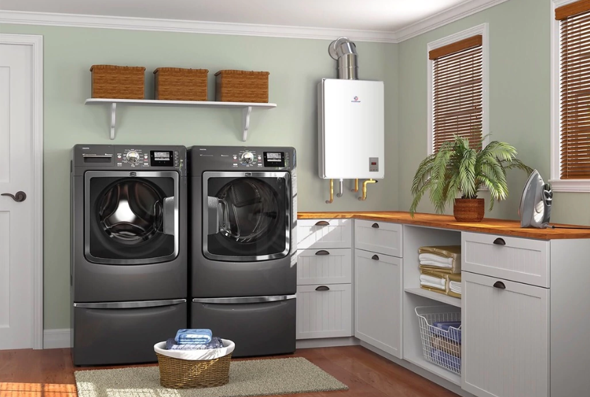 Tankless water heater installed in a room