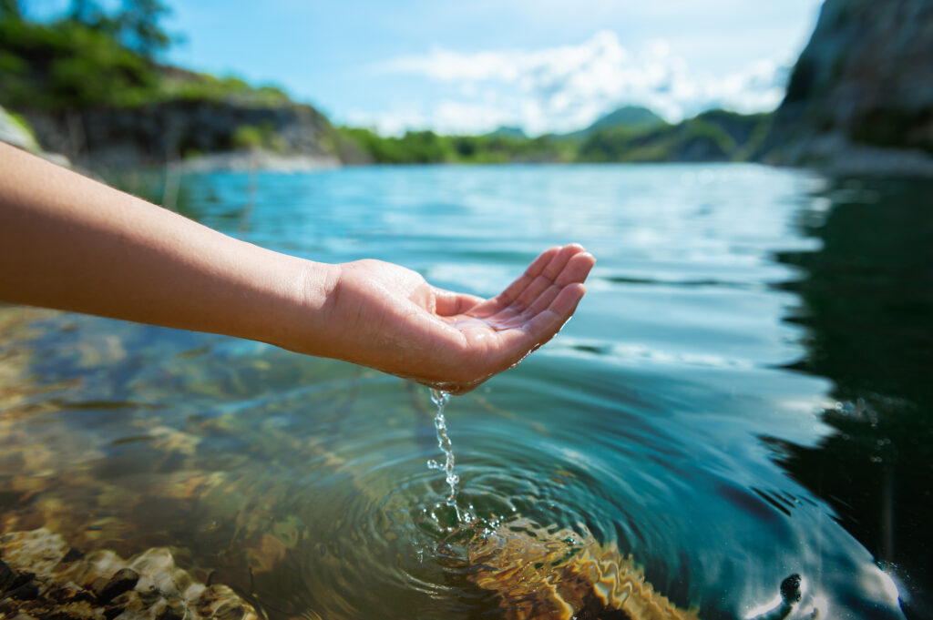 Hand holding water in a pond