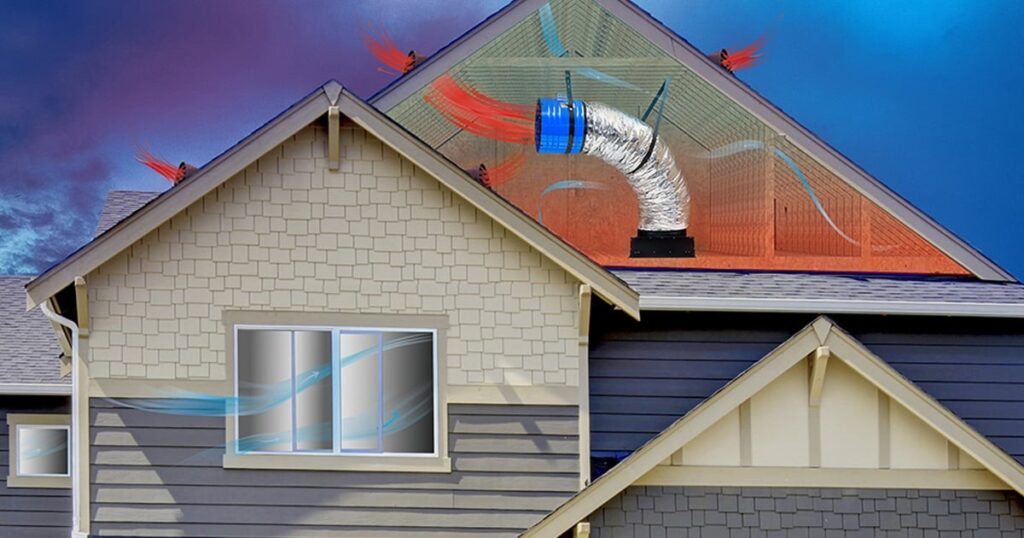Illustration of a whole house fan in the attic of a home 