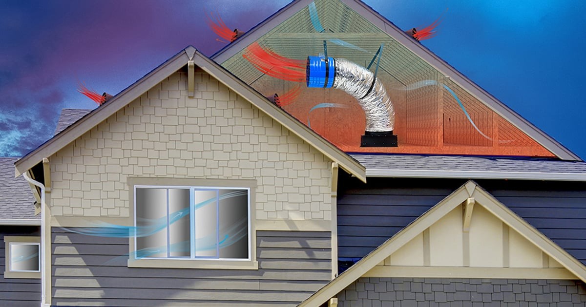 Illustration of a whole house fan in the attic of a home